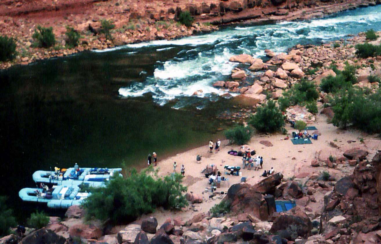 Grand Canyon river campsite viewed from above