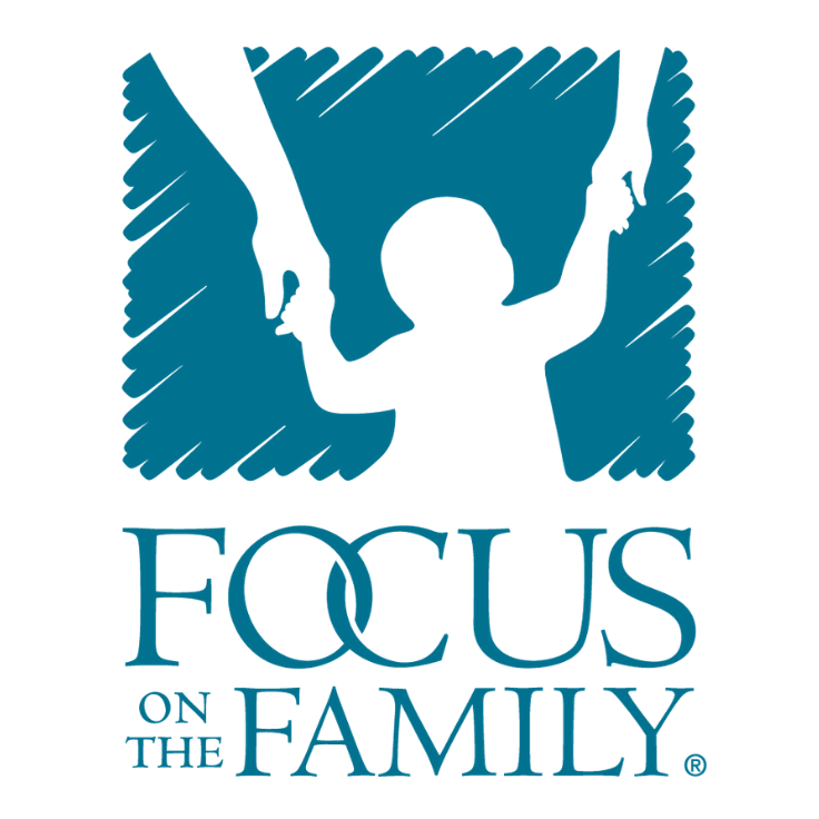 The design features a teal silhouette of a child holding hands with two adults, prominently displaying the text FOCUS ON THE FAMILY in teal.