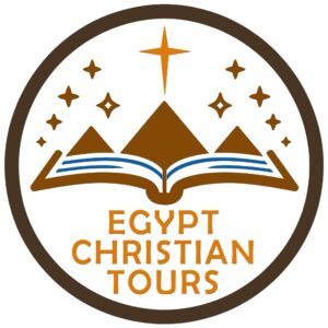 A logo displaying three pyramids and an open book, highlighted by blue lines, stars, and a cross above them. All elements are enclosed within a brown border. The phrase Egypt Christian Tour appears underneath in orange letters, capturing the essence of exploration and spiritual belief.