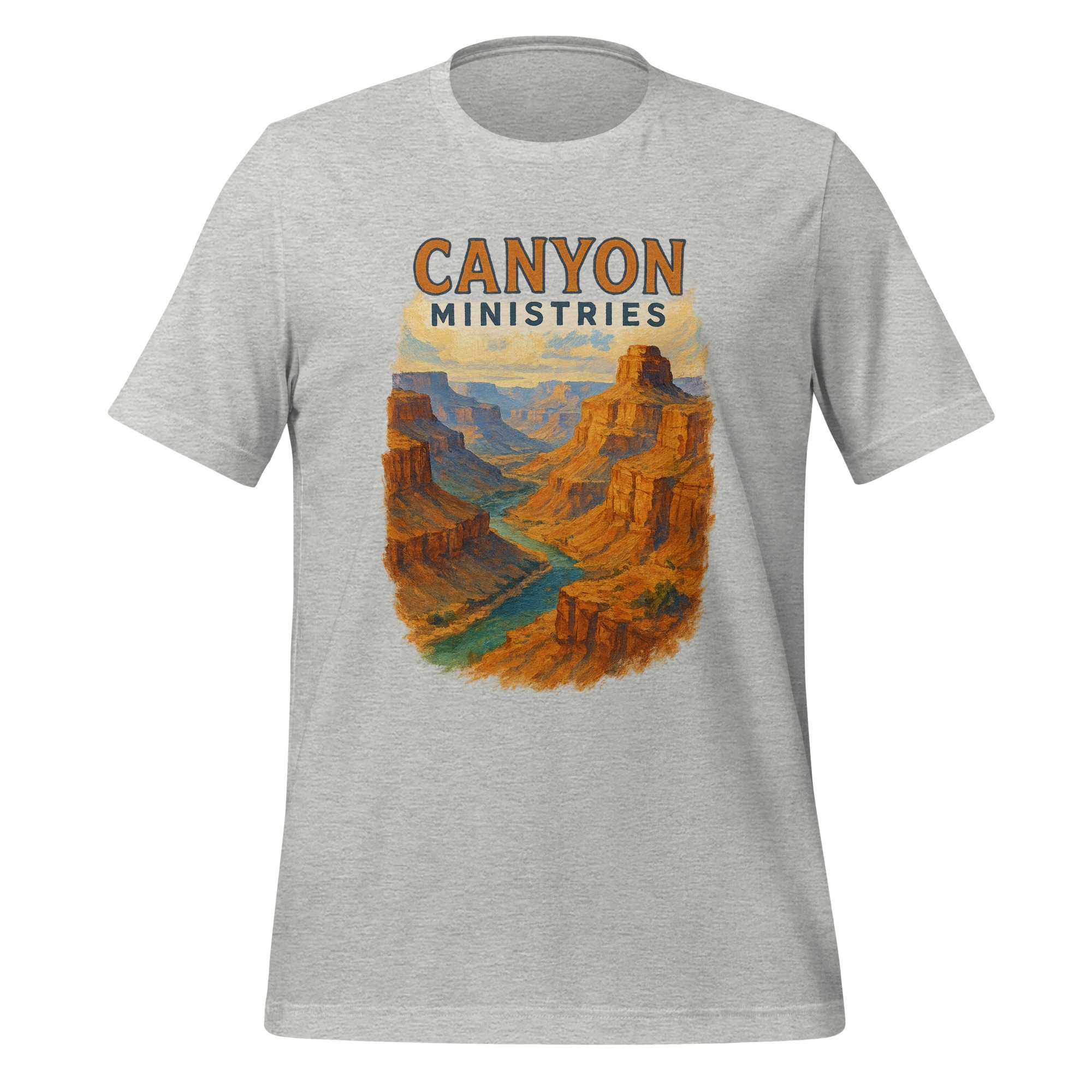 unisex-staple-t-shirt-athletic-heather-front-6834f5e286e3b.jpg Gray Vintage Canyon Ministries Rim Painting T-shirt features a Grand Canyon landscape and river illustration in a classic rim painting style, highlighted by prominent CANYON MINISTRIES lettering across the top.