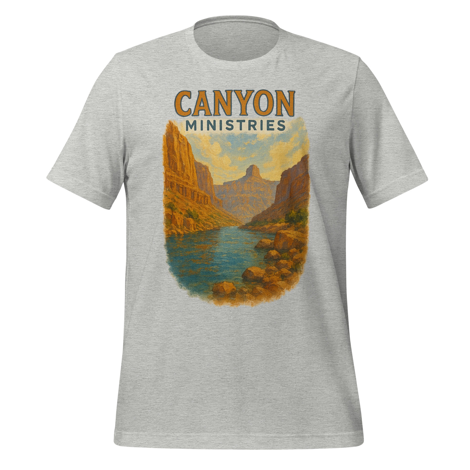unisex-staple-t-shirt-athletic-heather-front-6834f6660fe6c.jpg The Vintage Canyon Ministries River Painting Tee is a light gray shirt with a river painting winding through a canyon, and the words “CANYON MINISTRIES” printed above the scene in classic vintage style.