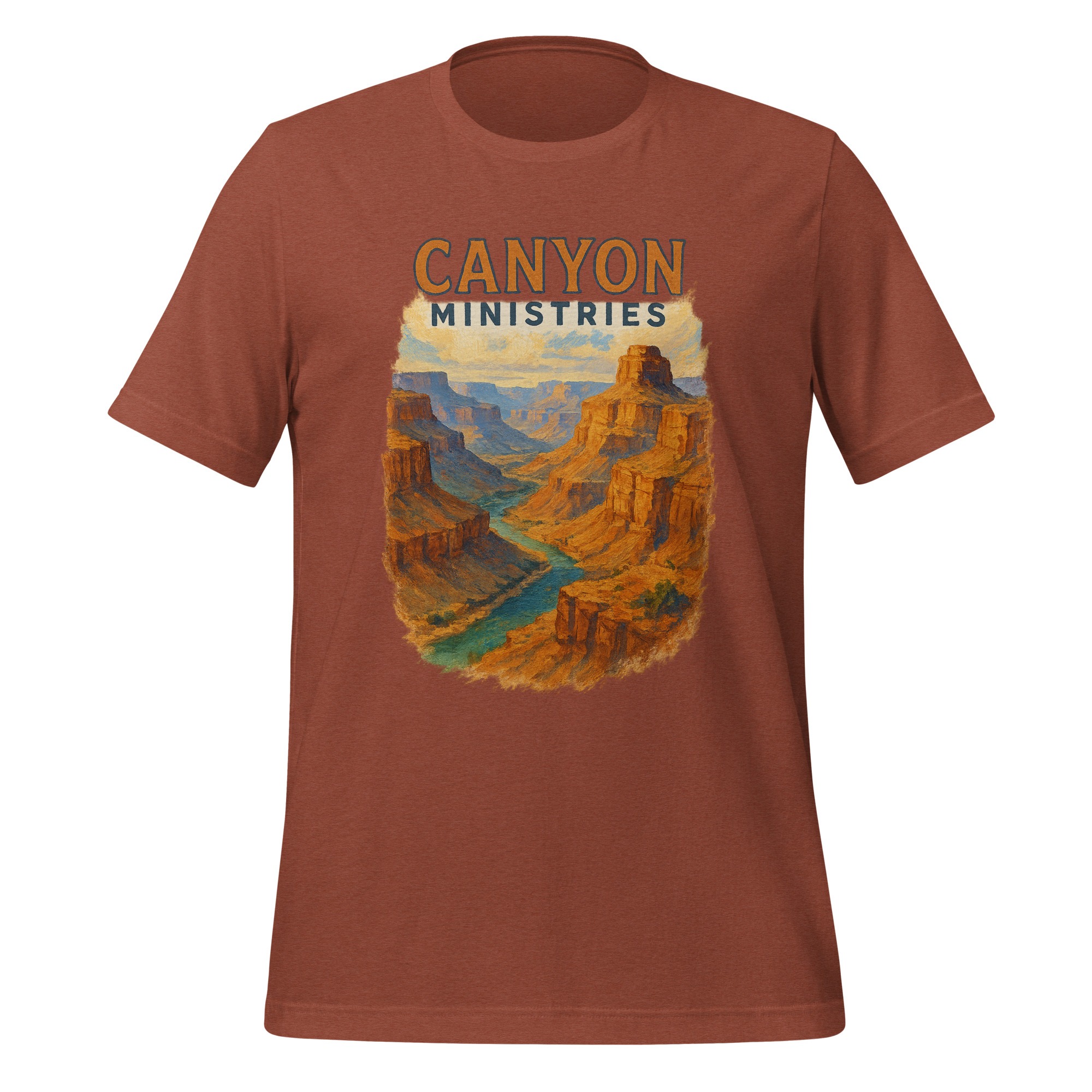 unisex-staple-t-shirt-heather-clay-front-68350d7e20c17.jpg A rust-colored T-shirt displays a vintage-style Grand Canyon Rim painting with a scenic landscape and winding river. The words CANYON MINISTRIES appear above the artwork.