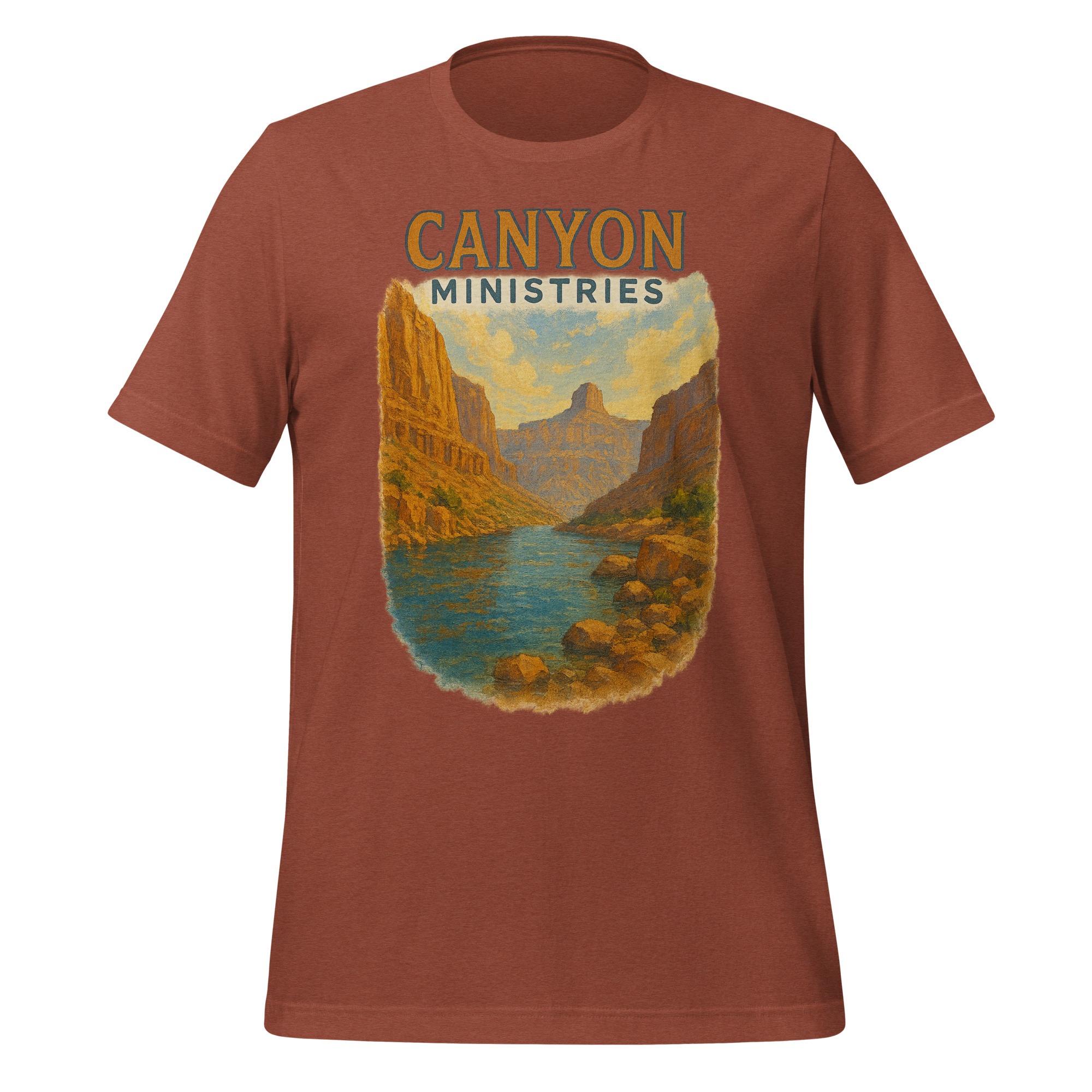 The Vintage Grand Canyon River View Painting t-shirt is rust-colored and displays vintage artwork of the Grand Canyon, including a river and mountains. CANYON MINISTRIES is printed above the illustration.