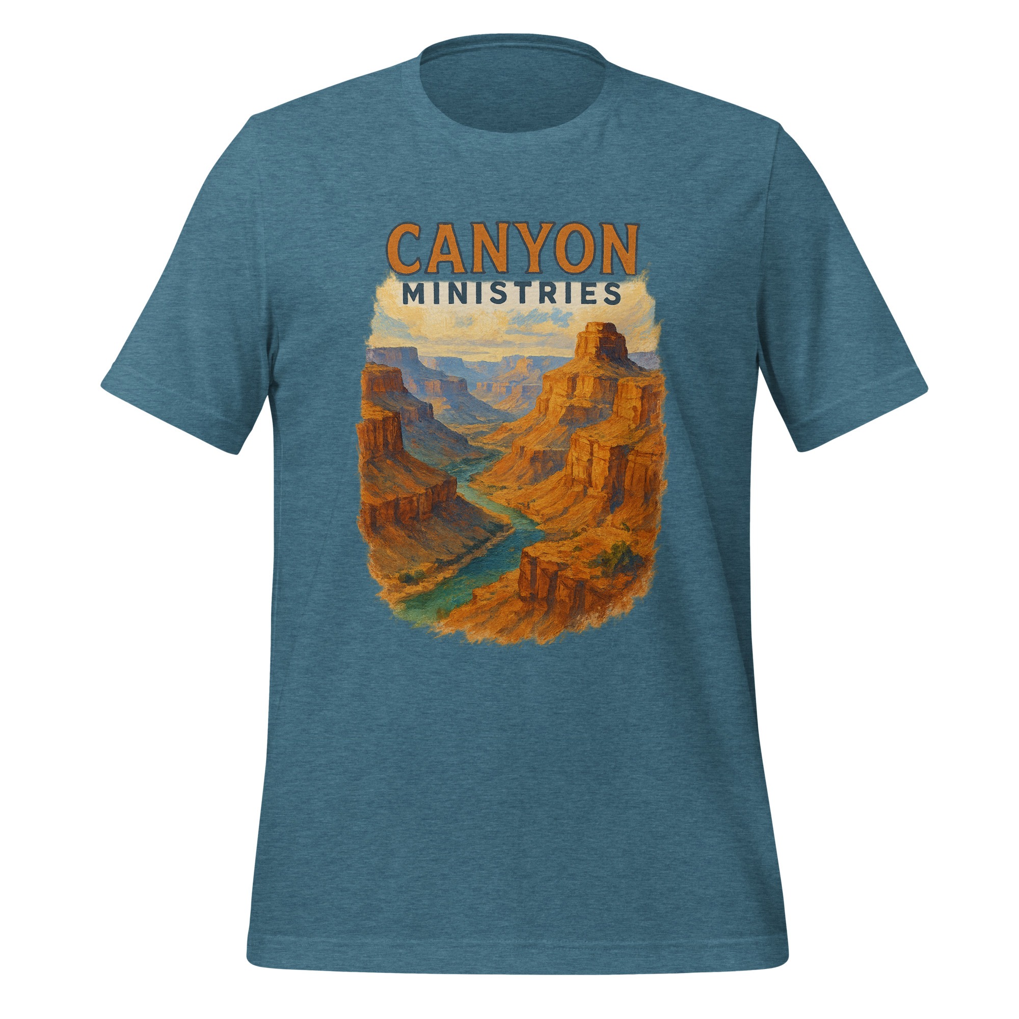 The Vintage Grand Canyon Rim Painting t-shirt displays a blue design showcasing a painting-style canyon landscape and river, framed by orange cliffs. Canyon Ministries appears prominently above the artwork.