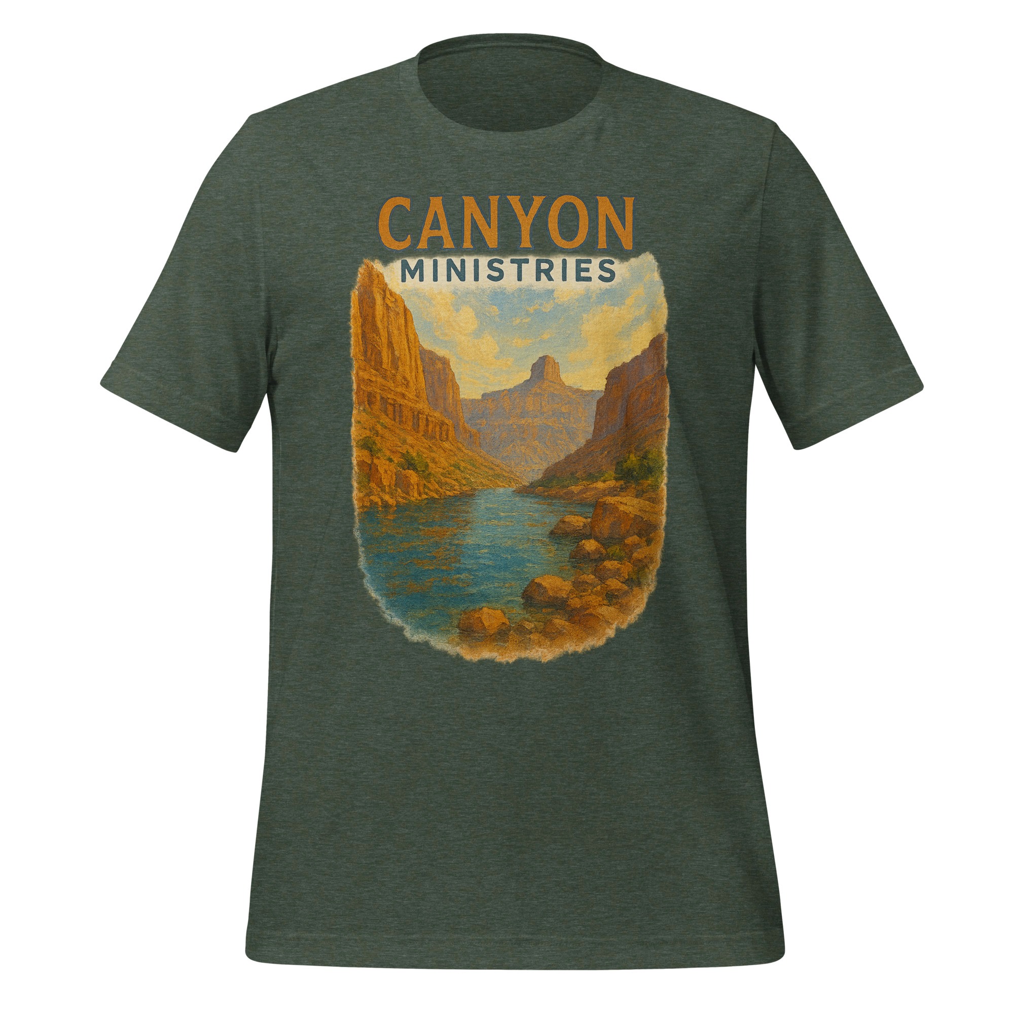 unisex-staple-t-shirt-heather-forest-front-68350f3f1afea.jpg The Vintage Grand Canyon River View Painting green t-shirt features artwork of a river meandering through canyon cliffs, accompanied by Canyon Ministries in vintage-style lettering. Perfect for anyone who appreciates the timeless charm of Grand Canyon scenery.
