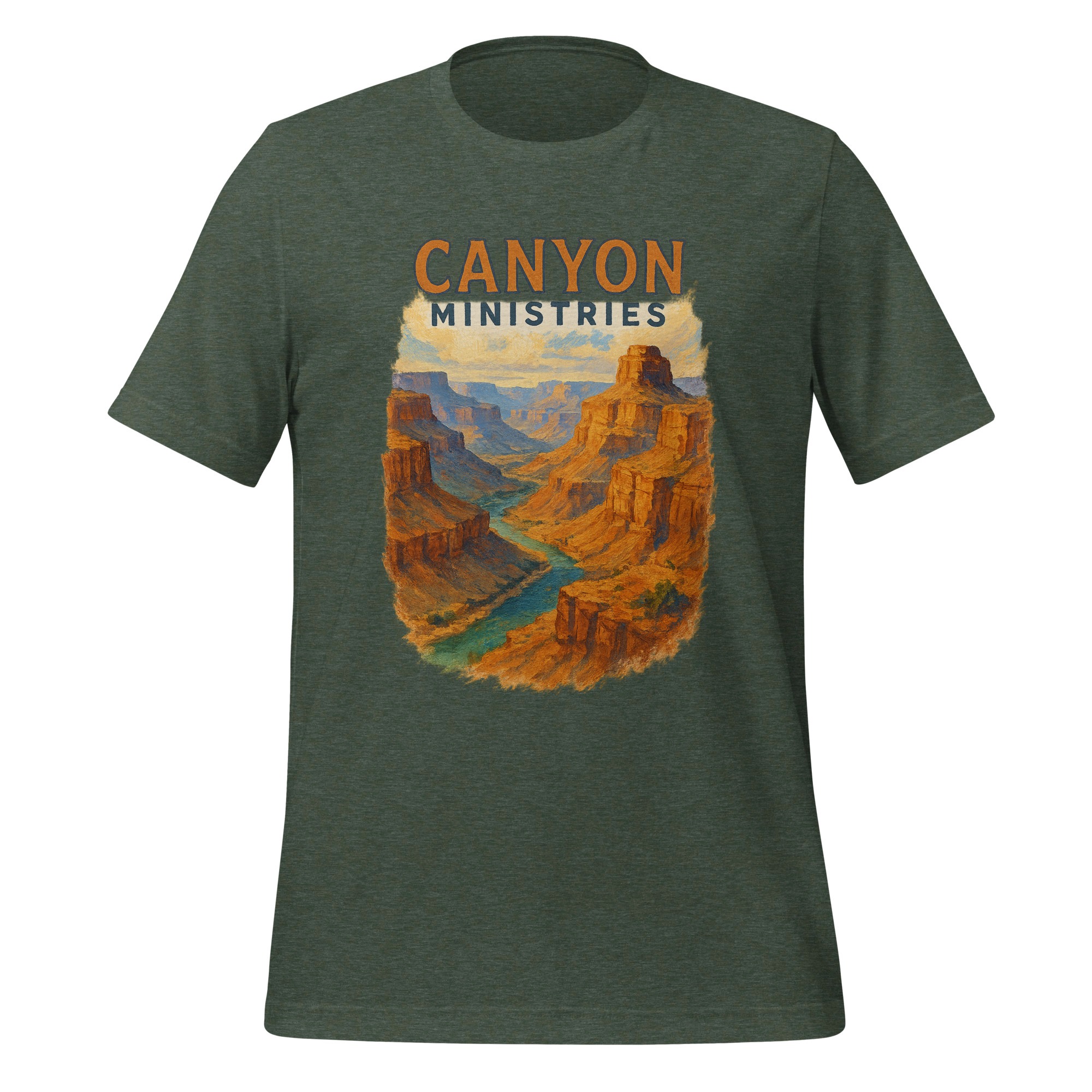 unisex-staple-t-shirt-heather-forest-front-683511edcf5f2.jpg A green t-shirt featuring the Vintage Grand Canyon Rim Painting, with an illustrated river winding through the canyon beneath bold orange and white Canyon Ministries text is worn by a man.