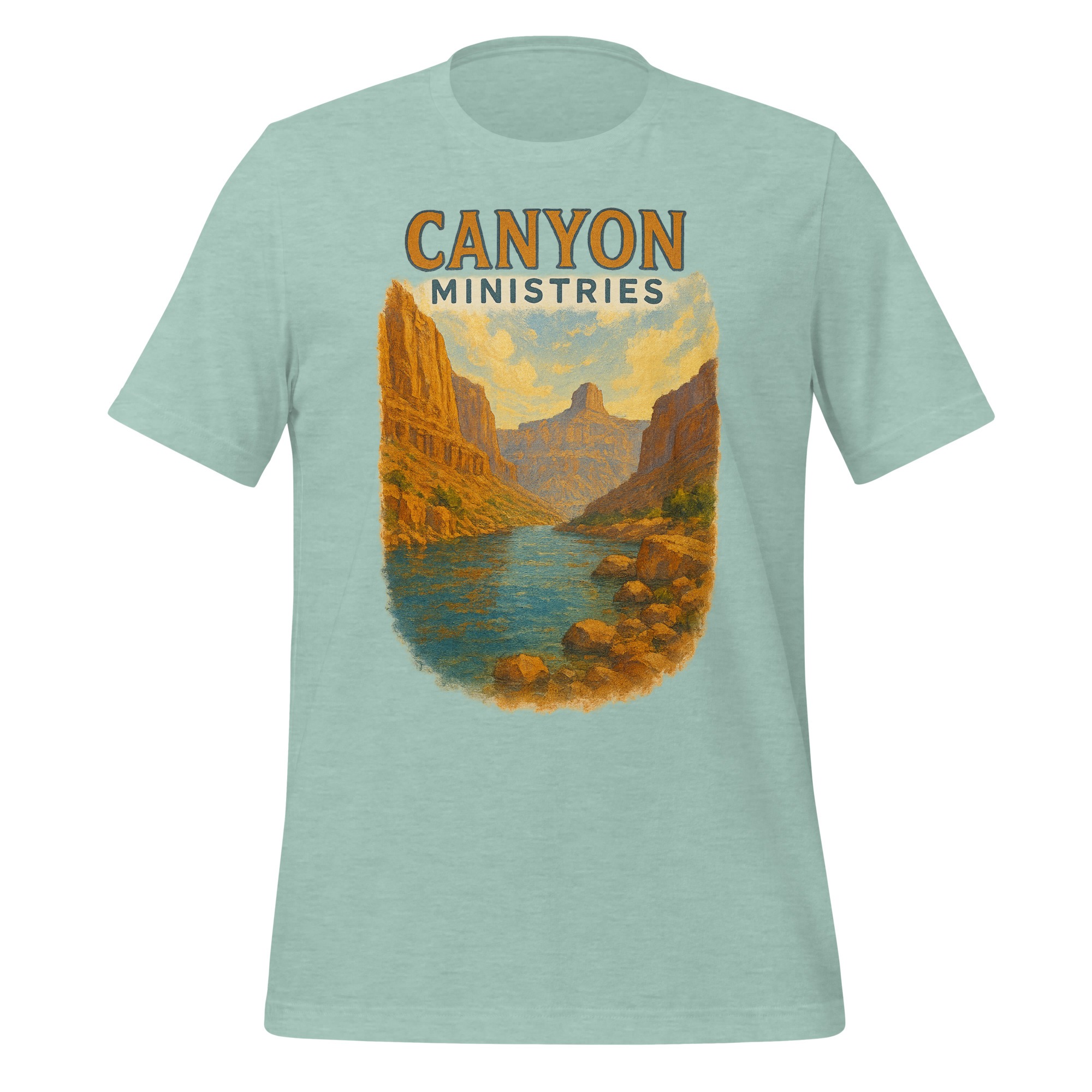 unisex-staple-t-shirt-heather-prism-dusty-blue-front-68350f3f226b4.jpg Light green t-shirt featuring a vintage-style Grand Canyon river view painting, displaying a river and rocky cliffs. The words CANYON MINISTRIES are printed above the artwork in bold orange and white letters, taking inspiration from classic Grand Canyon art.