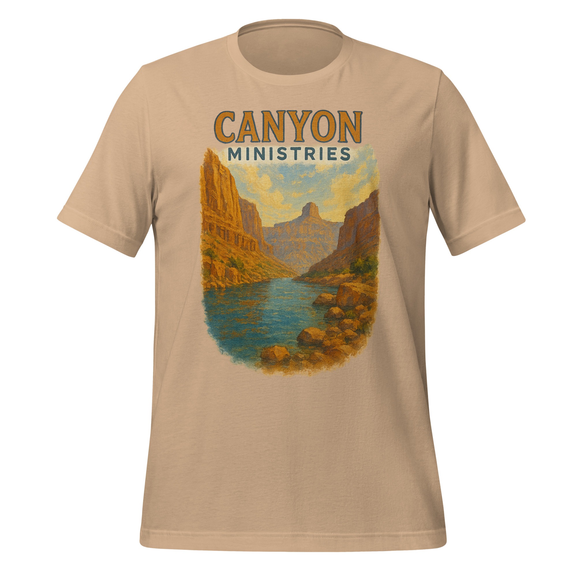 unisex-staple-t-shirt-tan-front-68350cae73b00.jpg Beige t-shirt with the Vintage Grand Canyon River View Painting, showcasing a river and rocky cliffs. Features bold CANYON MINISTRIES text above, inspired by classic Grand Canyon artwork.