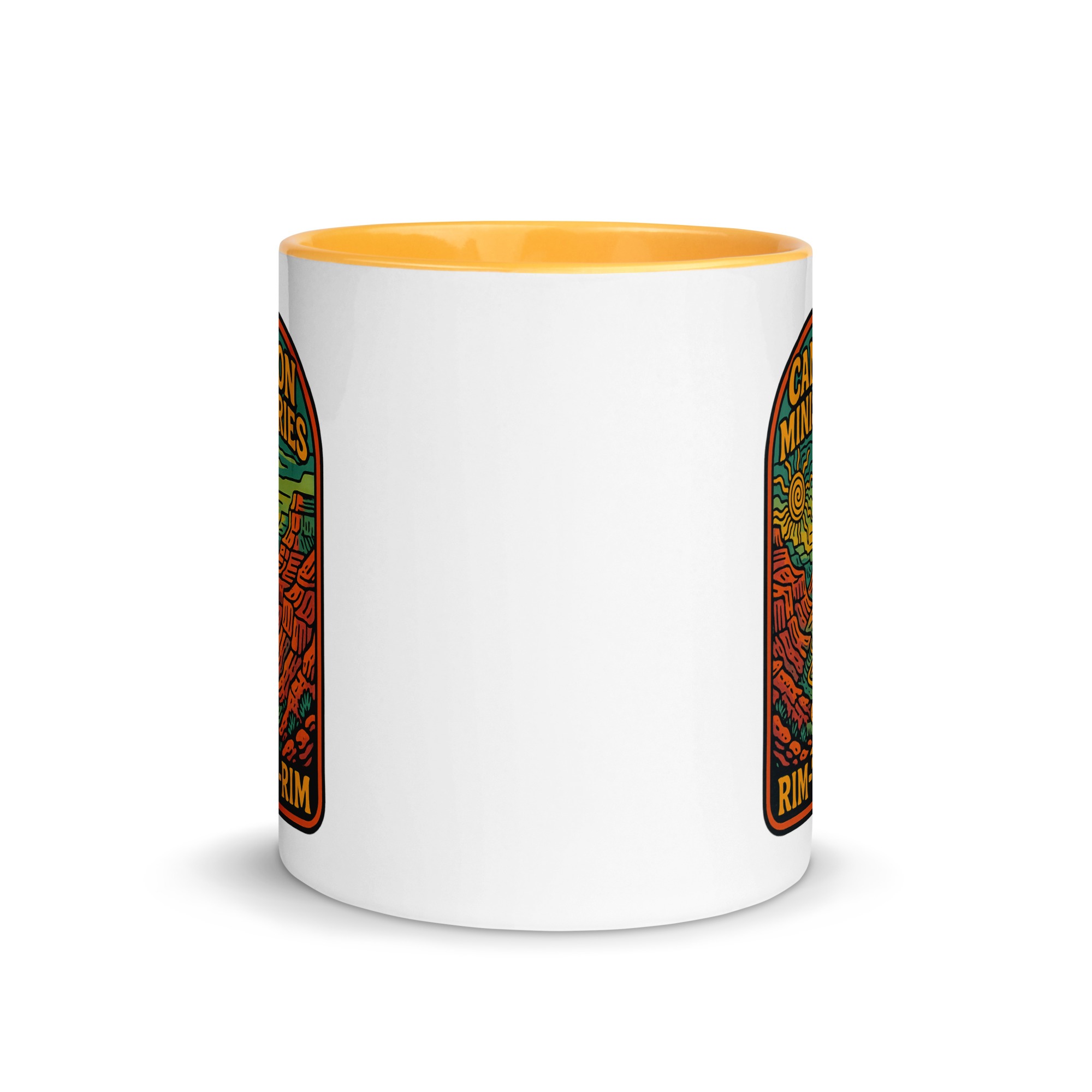 white-ceramic-mug-with-color-inside-golden-yellow-11-oz-front-683f457488d2c.jpg The Mug with Color Inside showcases a white ceramic exterior paired with a bright yellow interior. Both sides display colorful landscape-themed badges accompanied by text, while the center remains clear for a minimalist appearance.