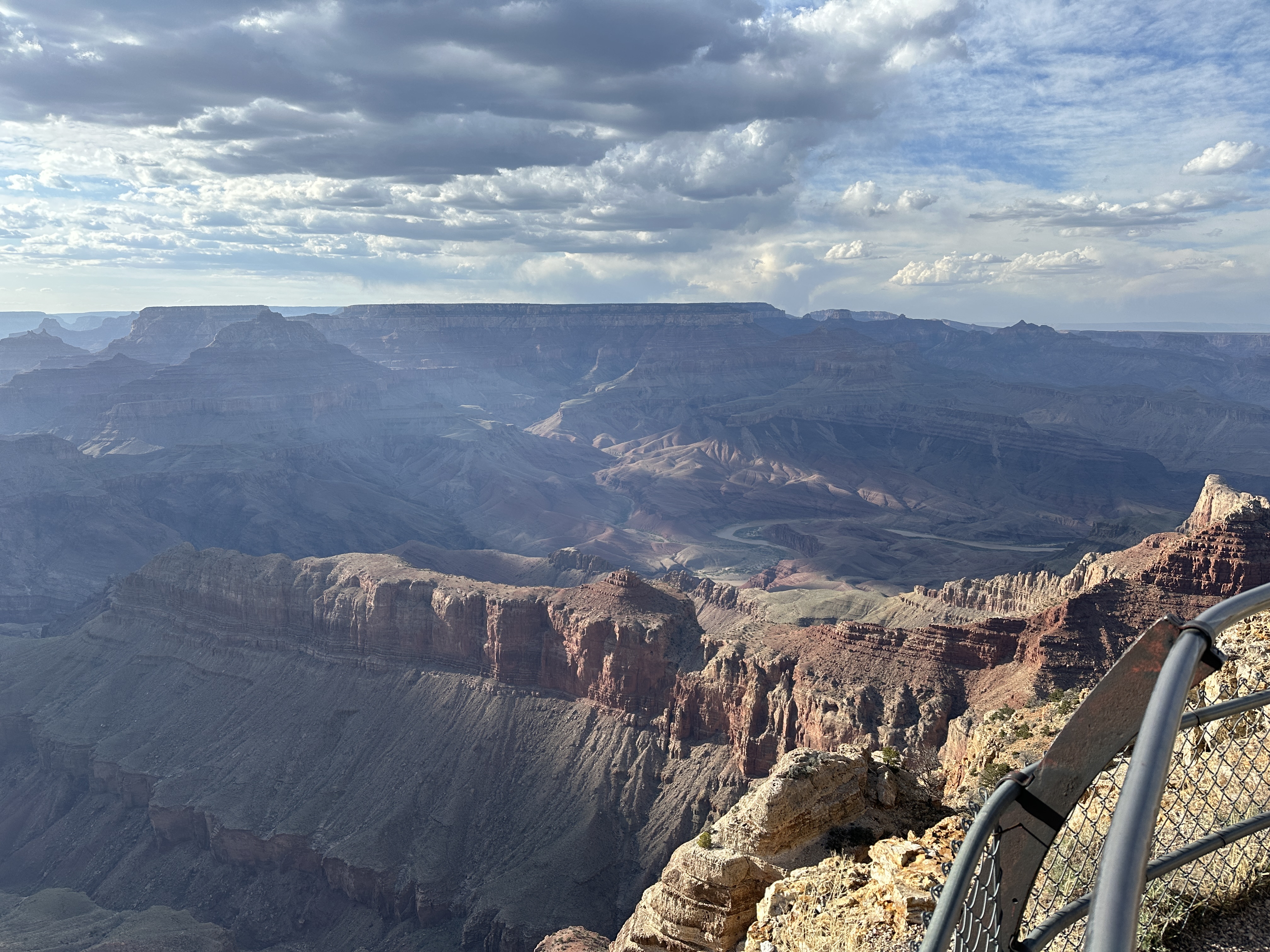 South Rim panorama across Grand Canyon showing layered canyon walls and distant mesas